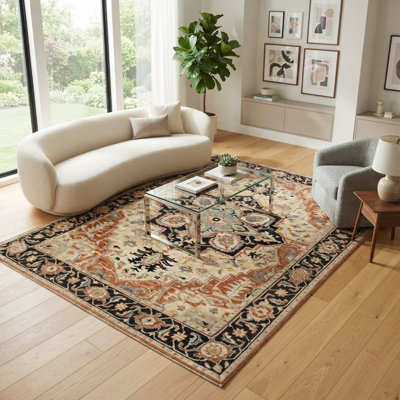 Tapis ivoire en laine noué à la main noir 8 pi x 10 pi - motif à médaillon traditionnel avec bordure ornée
