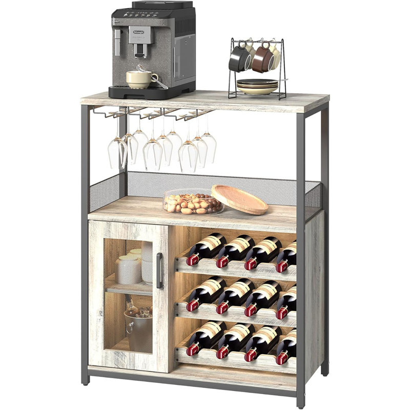 Coffee Bar Cabinet With Wine Rack And Glass Holder, Kitchen Sideboard Buffet Cabinet With Wine Rack Storage, Led Light, Gray