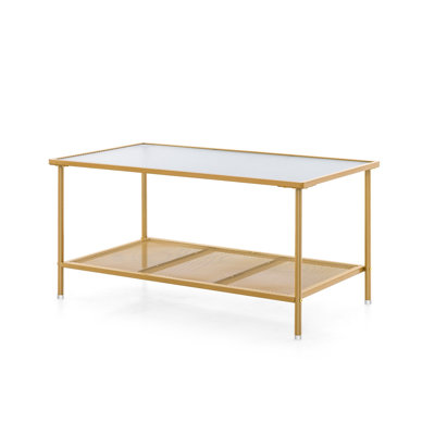 Hommoo 2-Tier Coffee Table with Tempered Glass Top & Adjustable Feet, Modern Living Room Center Table for Home or Office, Golden