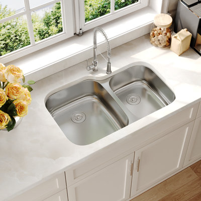 Évier de cuisine à double cuve 60/40 en acier inoxydable de calibre 16 avec crépine et grille inférieure Deervalley 32 po x 21 po