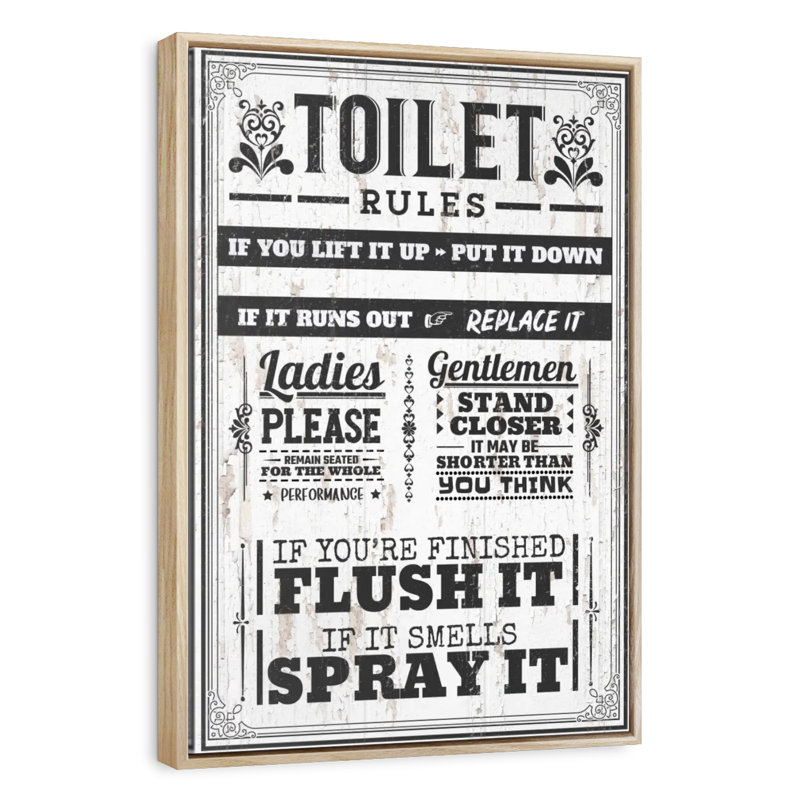 Proper Bathroom Rules, 13" x 19", Floating Frame Natural Wood