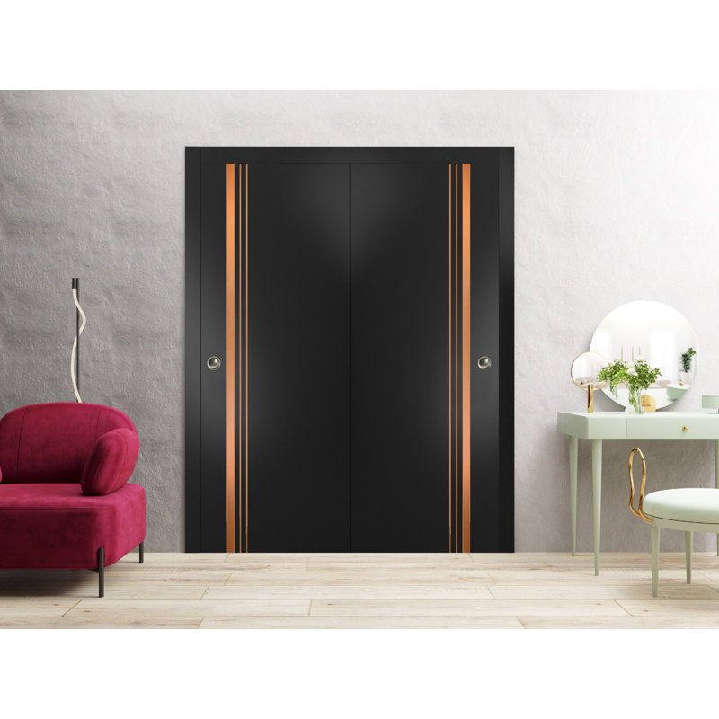 Portes de placard coulissantes à panneaux en bois, Noir mat, 64 po x 84 po