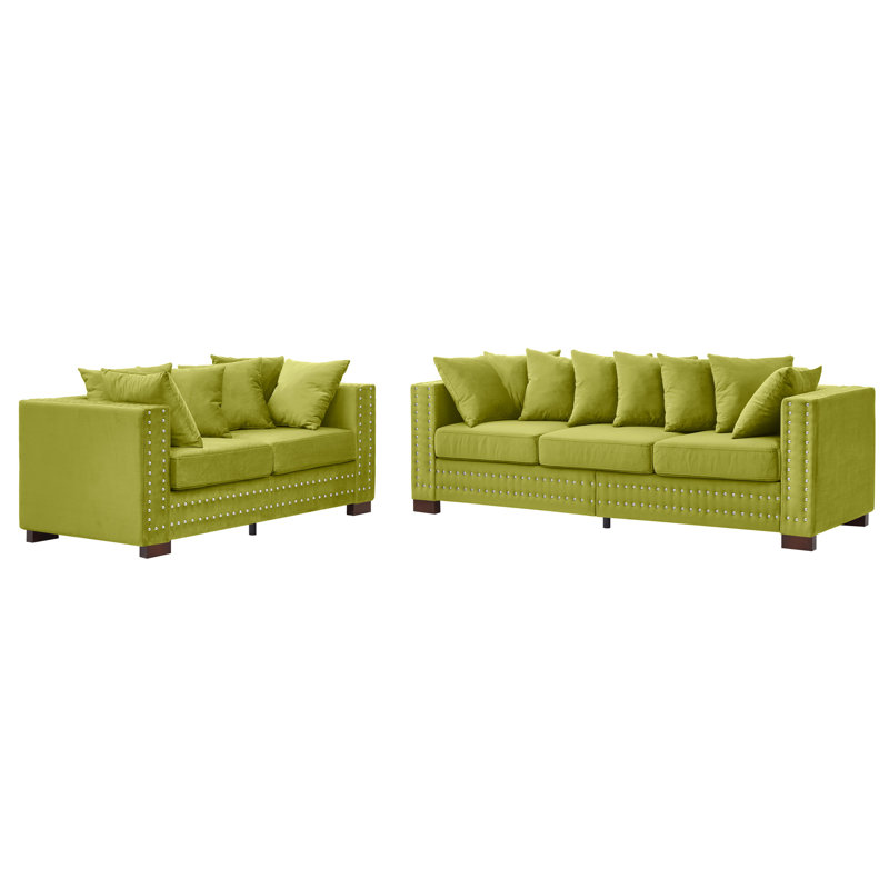 5 + 2 places en velours 2 + 3 avec design moderne, accoudoirs carrés, pieds en bois massif, coussins à ressorts et housses amovibles pour le look du salon, places assises, accoudoirs, rangement pour clous argentés