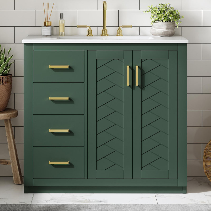 Meuble-lavabo 36 po avec lavabo en céramique, Vert/doré