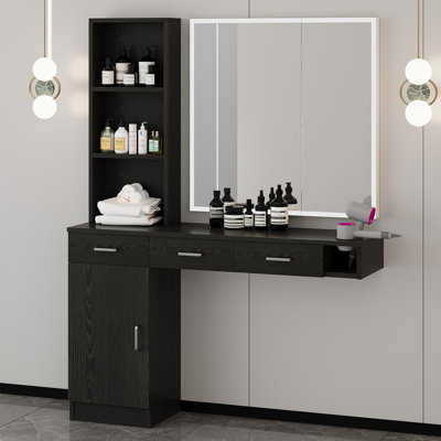 Thame Salon Wall Station with Barber Cabinet, Barber Stations Equipment Hair Dryer Holder