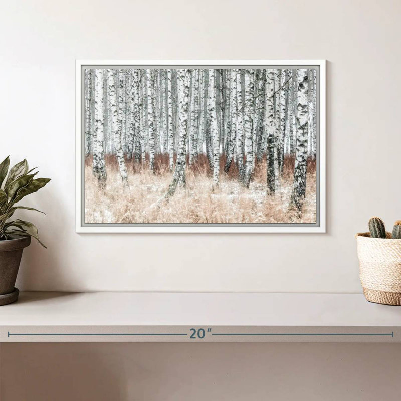 Hiver, forêt de bouleaux, Cadre flottant blanc, 13 po x 9 po