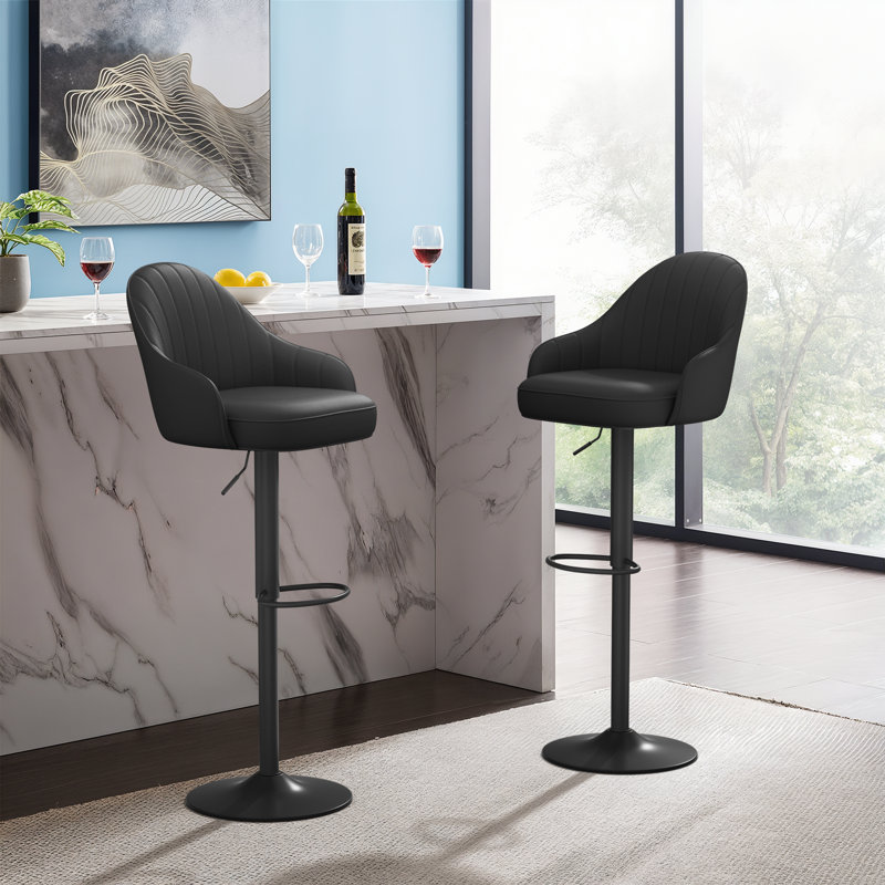 Adjustable Height Bar Stools, Modern Faux Leather 360° Swivel Chairs With Backrest For Kitchen Or Dining, Black
