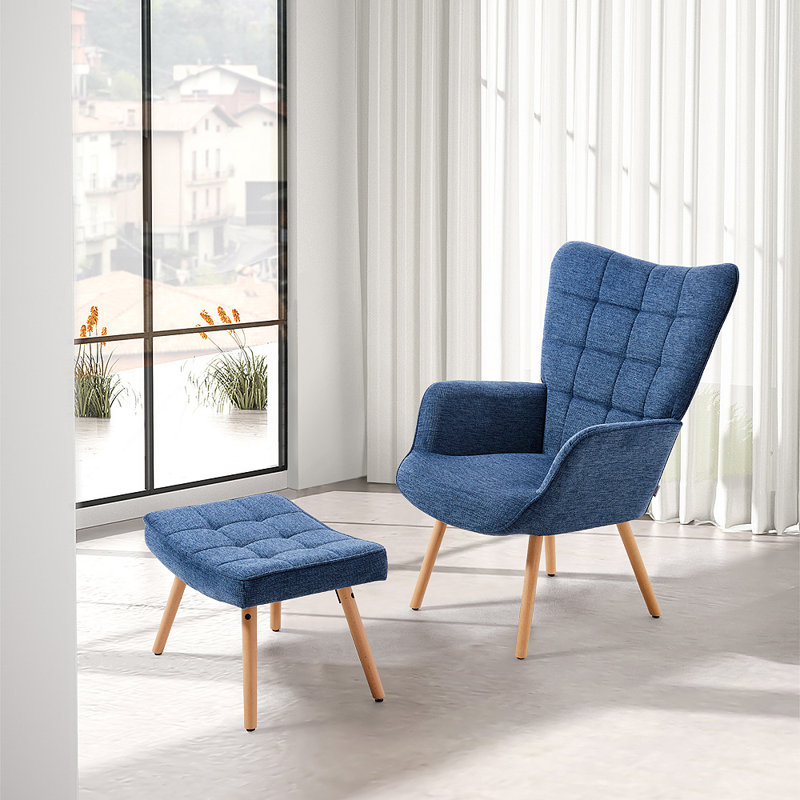 Bridgman Upholstered Armchair with Footstool, Dark Blue