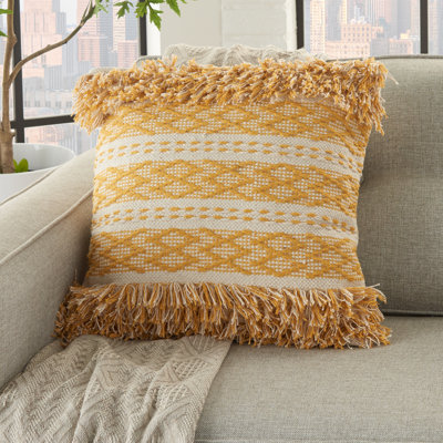 Domonik 20" Blue and Ivory Geometric Cotton Throw Pillow With Fringe