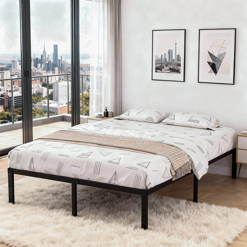 Cadre de lit plateforme en métal 14 po avec tête de lit compatible avec aucun sommier, complet, Lit double
