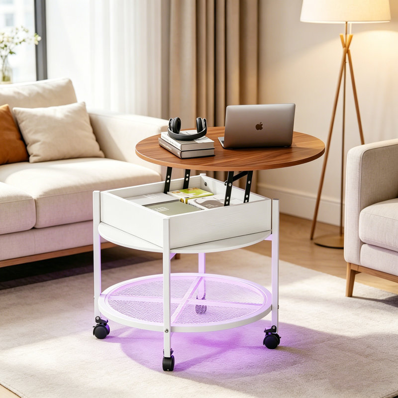 Lift Top Round Coffee Table With Rgb Led Lights, Rolling Storage Table With Lockable Casters For Living Room