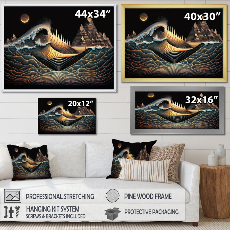 " Abstract Seascape Of Soundwaves In Retro Blue ", 34" H x 44" W, Gold Floater Framed