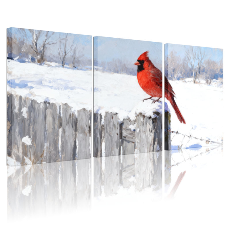 Oiseaux, cardinal sur une clôture enneigée, ensemble de 3 reproductions d'art sur toile, H 24 po x l 48 po