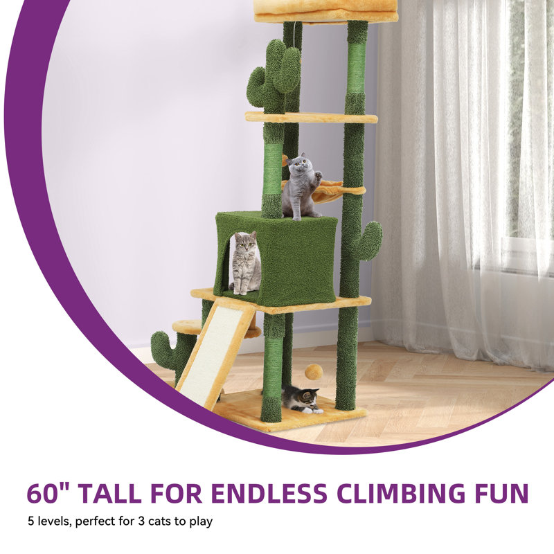 ?60In Cactus Cat Tree, Multi-Level Tall Cat Tower For Indoor Cats, Large Cat Condo For 2-3 Cats