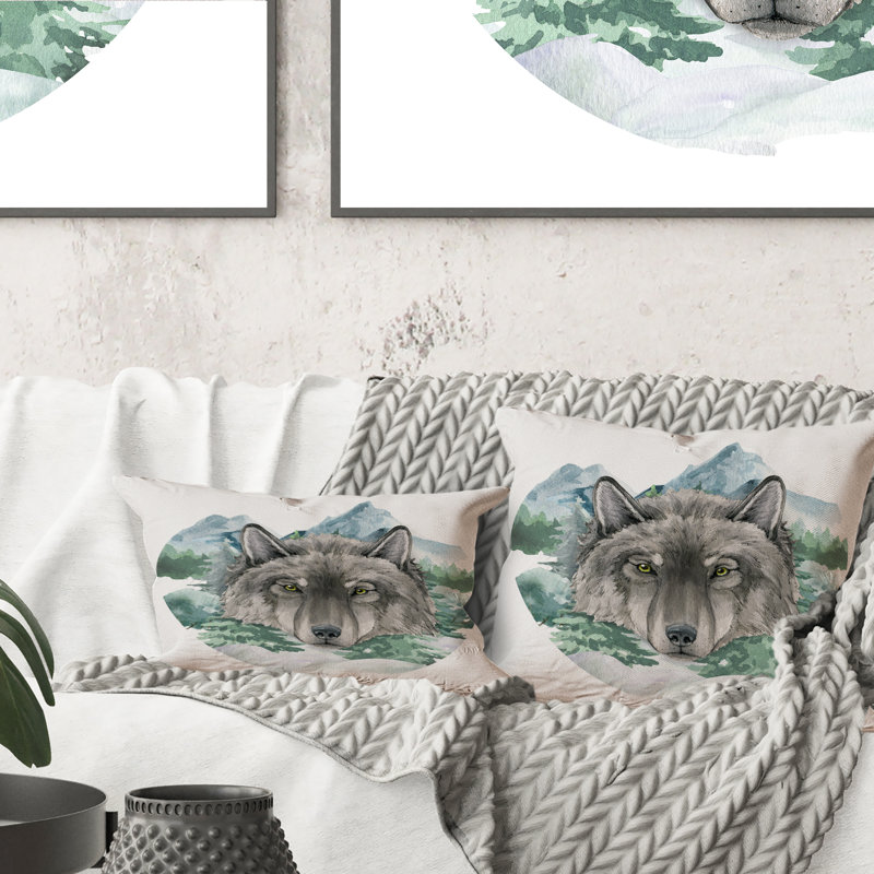 Portrait d'un loup II - Coussin décoratif à imprimé champêtre, 18 po x 18 po