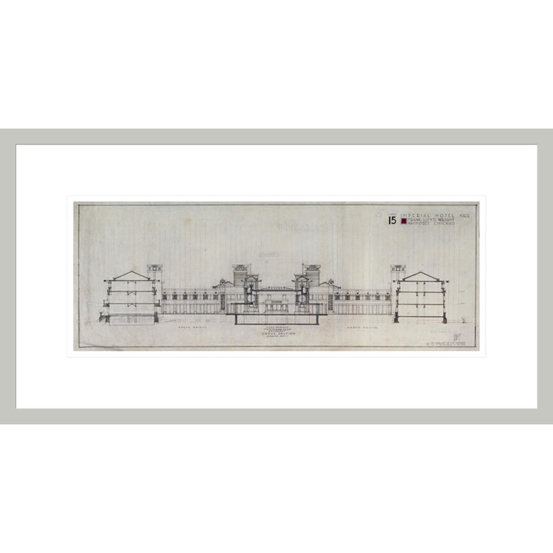 «Imperial Hotel Cross Section (regardant vers l'Ouest)» par Frank Lloyd Wright - reproduction d'art encadrée
