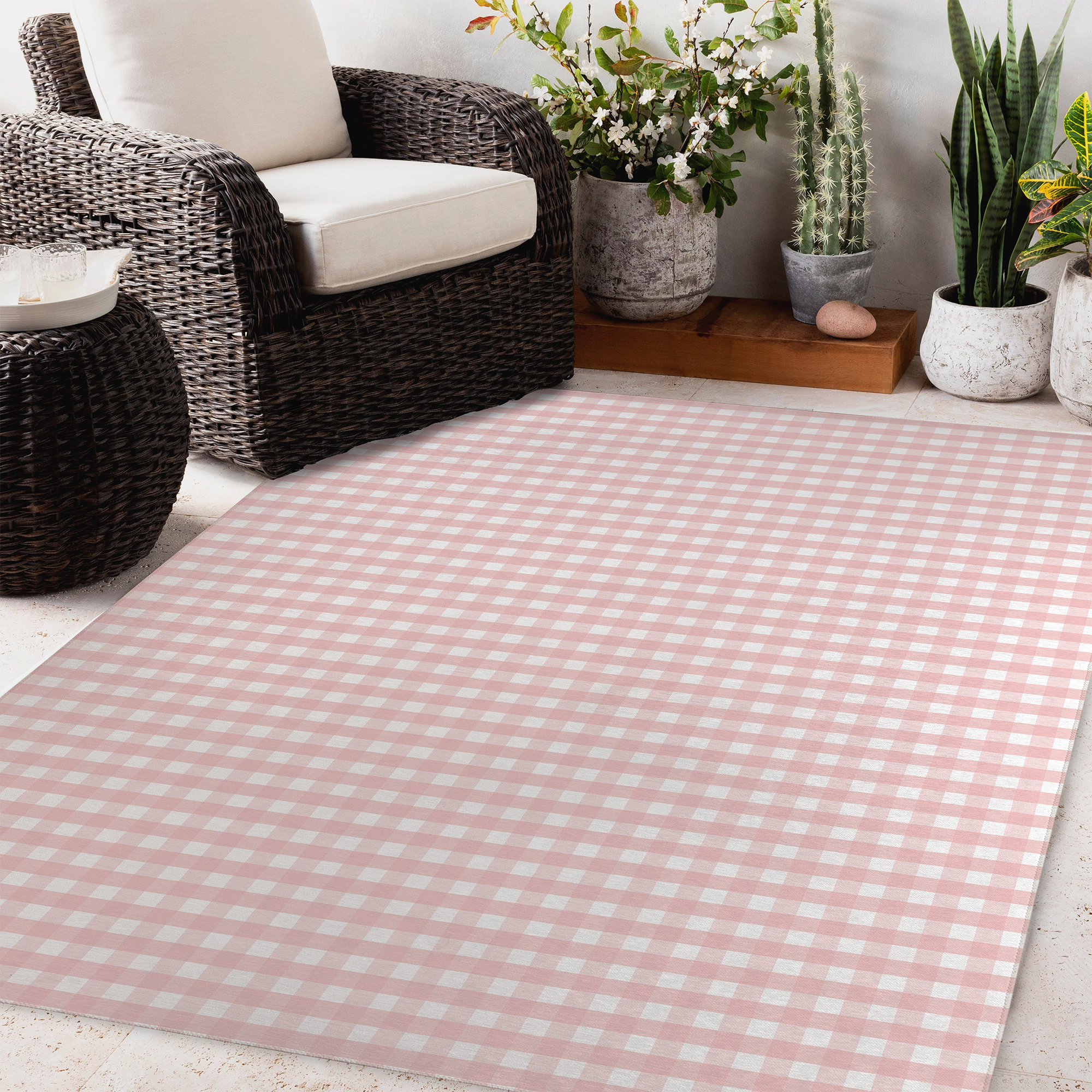 Gracie Oaks Chrislyn Gingham Pink/Ivory Indoor / Outdoor Area Rug | Wayfair