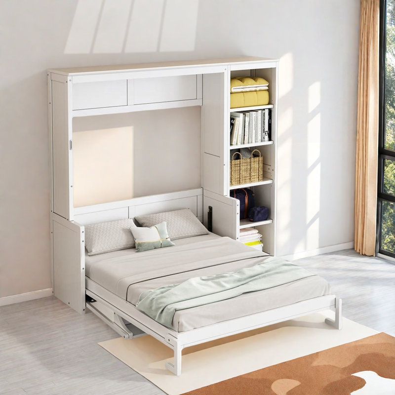 Lit escamotable avec bureau et tablettes Murphy, Lit double, Blanc