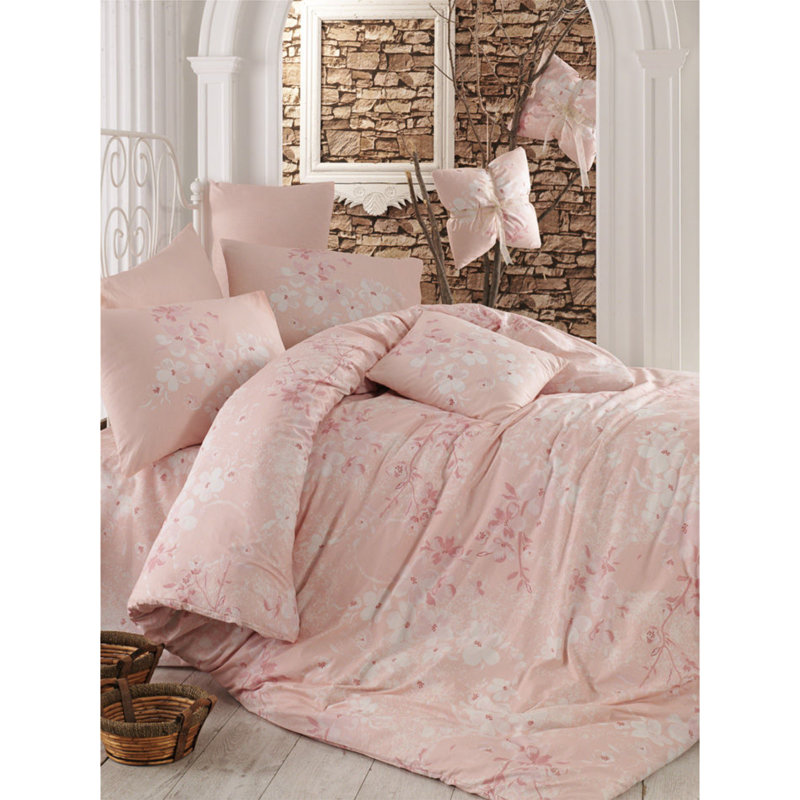 Ensemble de housse de courtepointe 100% coton de qualité supérieure Ranforce, 100% coton, 140 fils | Comprend 2 taies d'oreiller (19,7 x 31,5) | Design élégant rose, saumon et blanc | Lavable à la machine, fermeture à boutons pour une utilisation facile