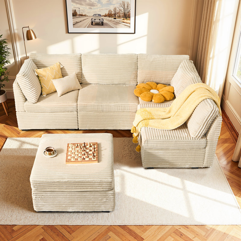 Canapé modulaire en velours côtelé moelleux avec repose-pieds mobile 95,05 po Hogle, Velours côtelé gris