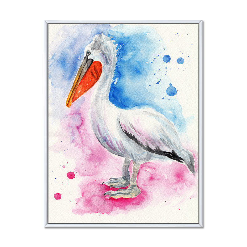 Pélican bleu et rose, H 40 po x l 30 po x P 1,5 po, Toile encadrée flottée blanche