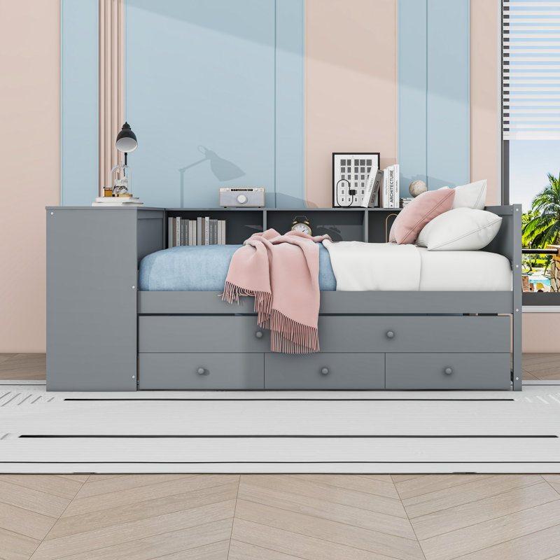 Lit de jour avec couchette, tiroirs de rangement et tablettes, Gris, Lit double