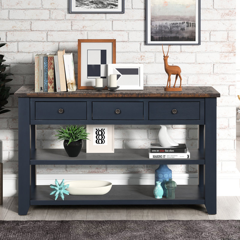 Console en bois de pin massif 48 po, table d'appoint moderne avec 3 tiroirs de rangement et 2 tablettes. Facile à assembler (bleu marine + plateau brun (ancien SKU: W120246667