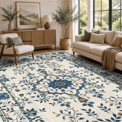 Vintage Blue Floral Medallion Machine Washable Area Rug, Ivory Cream Non-Slip Low-Pile Indoor Rug