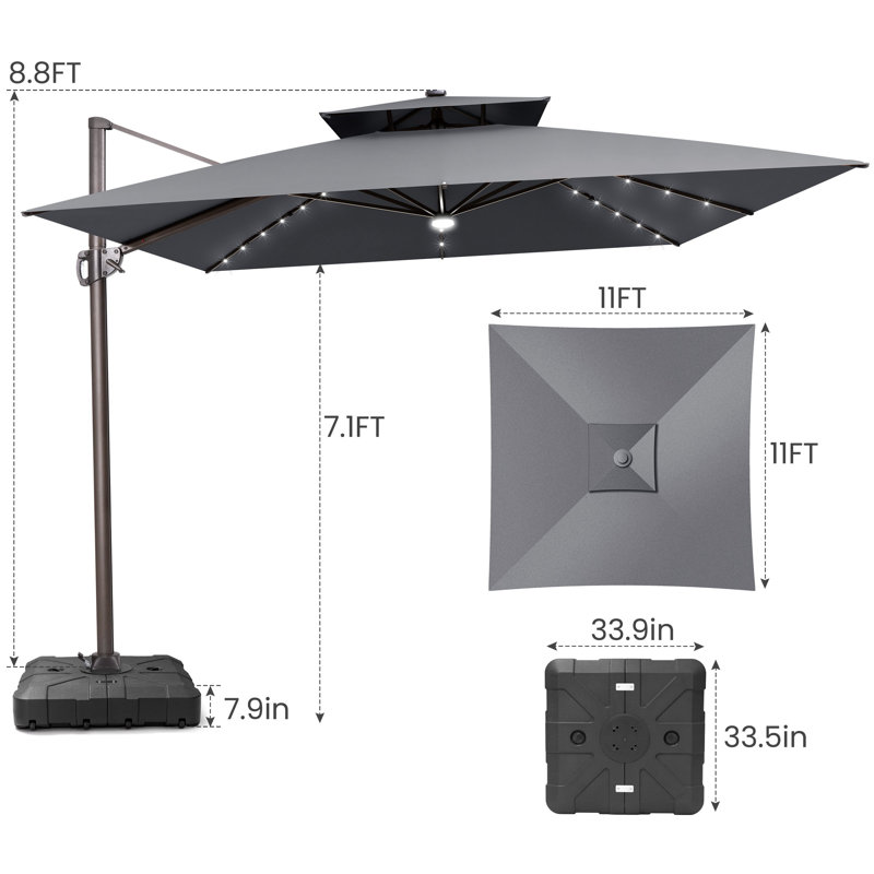  Parasol de patio en porte-à-faux 11 pi x 11 pi à DEL avec base en contrepoids, Gris foncé