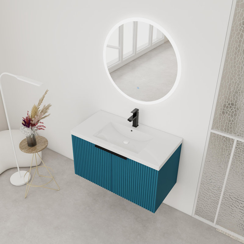 Meuble-lavabo mural 36 po avec lavabo en résine, Bleu lac