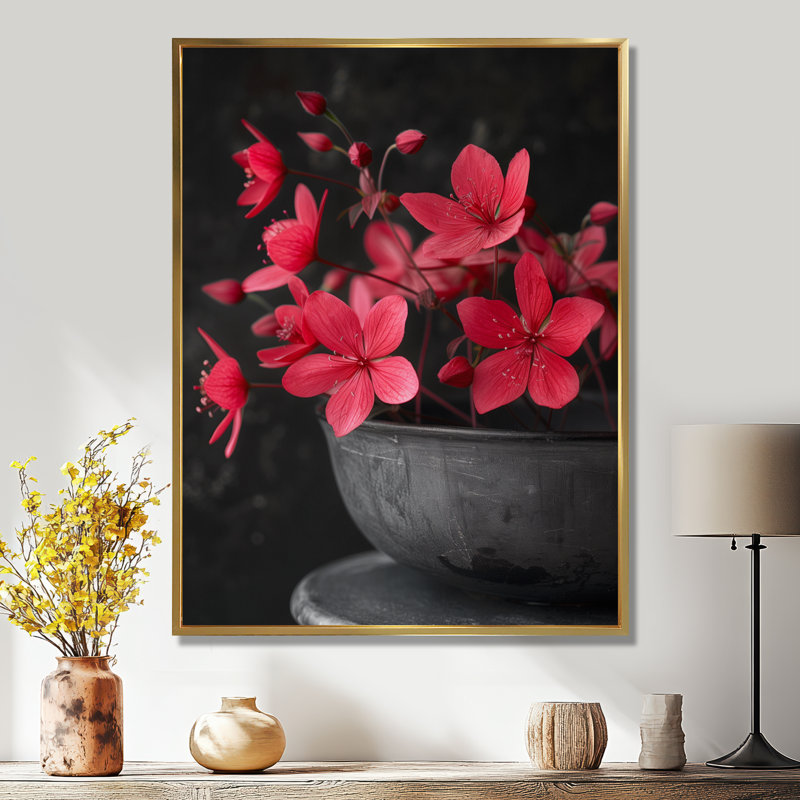 Décoration murale rouge, gris, rétro, fuchsia II - Fuschia, Cadre flottant doré, bois massif, H 24 po x l 32 po