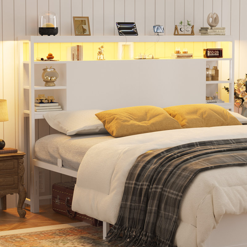 Wood Headboard with Led Lights & Charging Station, White, Queen