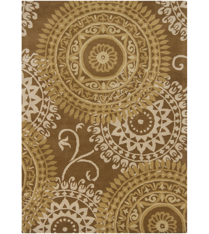 Tapis transitionnel en laine Suzani de couleur chameau, doré / moutarde et crème Jonas, 7 pi x 10 po