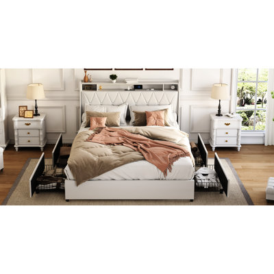 Metal Bed Frame Queen Size With Ergonomic Headboard, Charging Outlets, Storage Feature, Noise-, No Box Spring, White Upholstery For Bedroom Use Frame, Platform Bed, Built-in , Design, Upholstery,