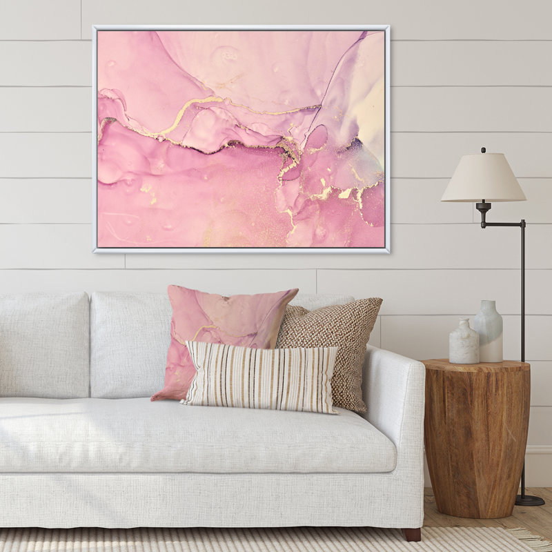 «Pink Marble Waves II», peinture sur toile, H 24 po x l 32 po x P 1 po, Cadre flottant blanc