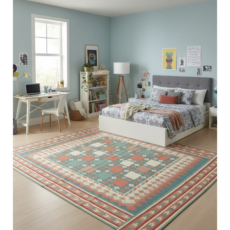 Tapis indien multicolore à motif géométrique 7 pi 5 po x 9 pi 4 po Dhurrie