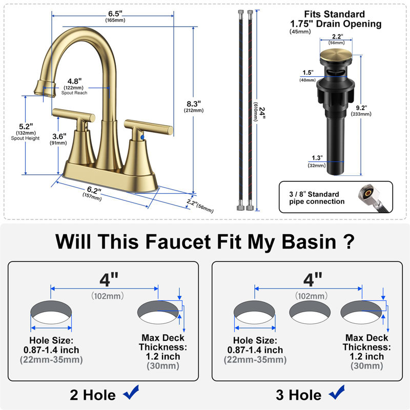 4-Inch Center-Set Bathroom Faucet With Pop-Up Drain, Brushed Gold