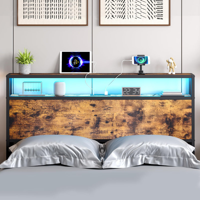 Tête de lit Jamad avec lumières DEL et ports de charge, Grand, Brun