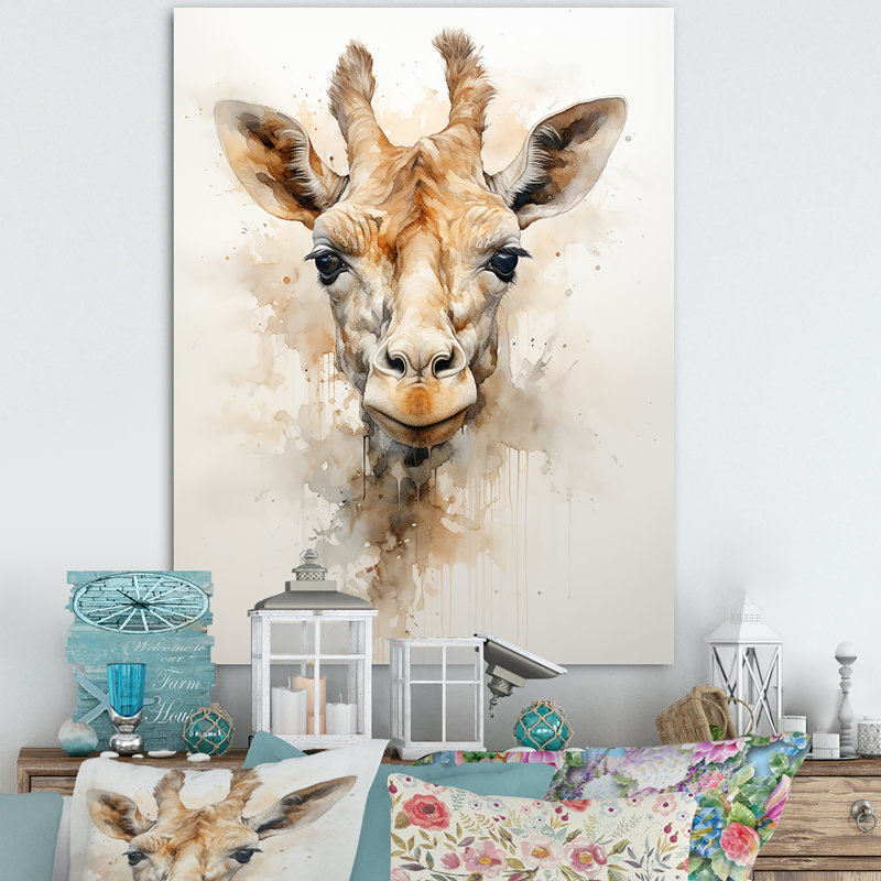 «Minimalisme», girafe beige sur toile, Toile tendue, H 44 po x l 34 po x P 1,5 po