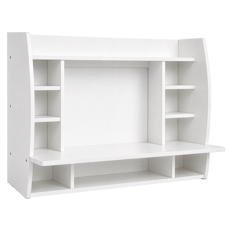 White Floating Wall-Mount Desk with Shelves, Space-Saving Laptop Workstation for Writing, Study, Bedroom, Living Room, Office