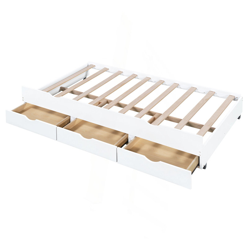 Lit plateforme simple en bois avec lit gigogne, tête de lit et tiroirs