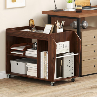 Walnut 3-Tier Rolling End Side Table with Lockable Universal Casters, Mobile Open Compartment Storage Nightstand with Side Book Rack for Living Room Bedroom Office