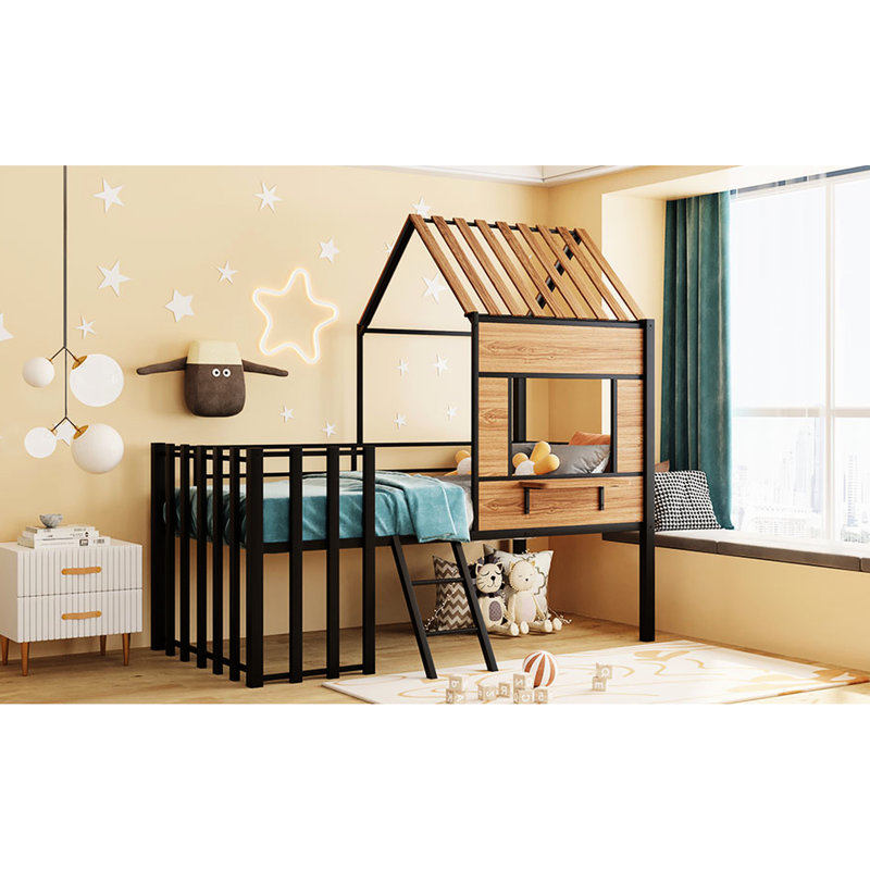 Twin Size Metal Loft Bed, Black. Strong Build. House-Shaped With Captivating Roof & Window. Guardrails For Secure Nighttime. Improves Bedroom Appearance And Function. 78.1"L X 41"W 76.5"H. Assembly