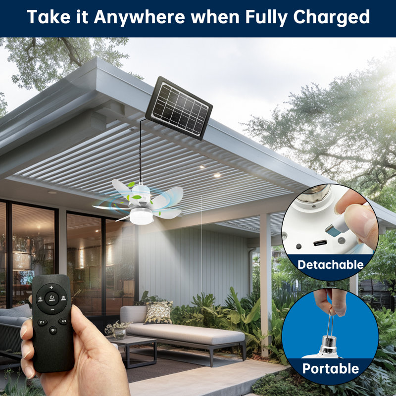 18.1" Solar Ceiling Fan Light Portable Hanging Fan Long Cord With Remote Control For Gazebo, Tent, Patios, Shed, Chicken Coop, Rv, Greenhouse Outdoor