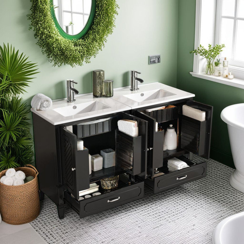 Ensemble de meuble-lavabo double 60 po, Noir, noir, noir, noir, Ensemble central de 9 po