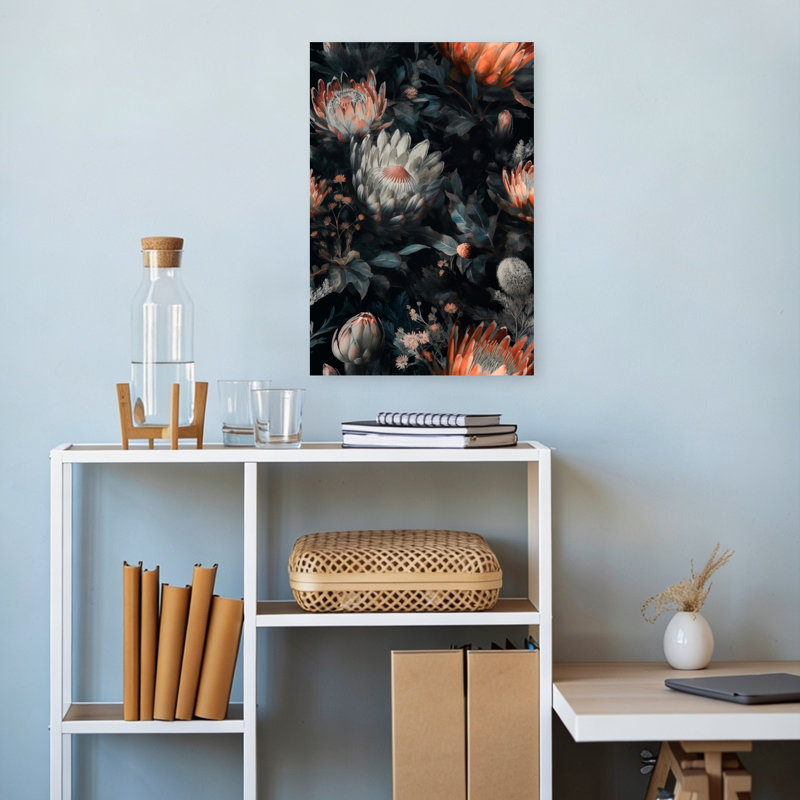 Dark Protea Blooms Dramatic Elegant Vintage Nature Tropical Wall Art Print, 45.72cm H x 30.48cm W