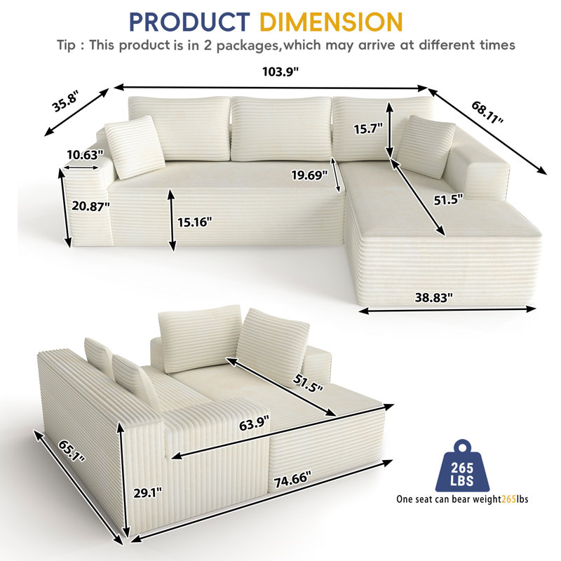 Canapé modulaire en velours côtelé 2 pièces 104 po avec méridienne 104 po côté droit - revêtement L beige, Orienté à droite