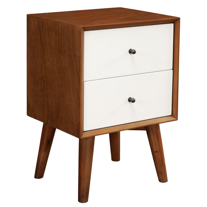 Century Modern Wood 2 Drawer Nightstand, Brown/White