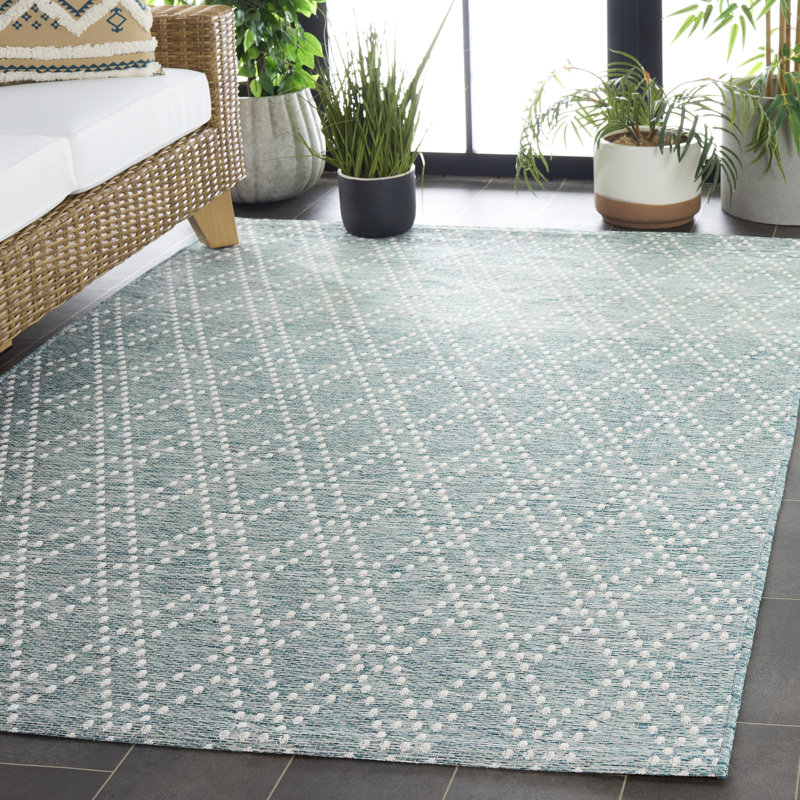 Nilteen 850 Polypropylene/Polyester Geometric Indoor/Outdoor Rug in Aqua/Beige, Rectangle 9' x 12'