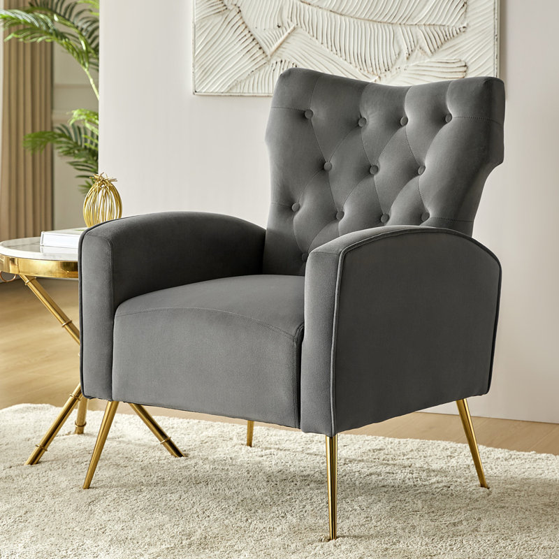 Consolata 37" H Velvet Wingback Chair with Button Tufting and Metal Legs, Gray Velvet